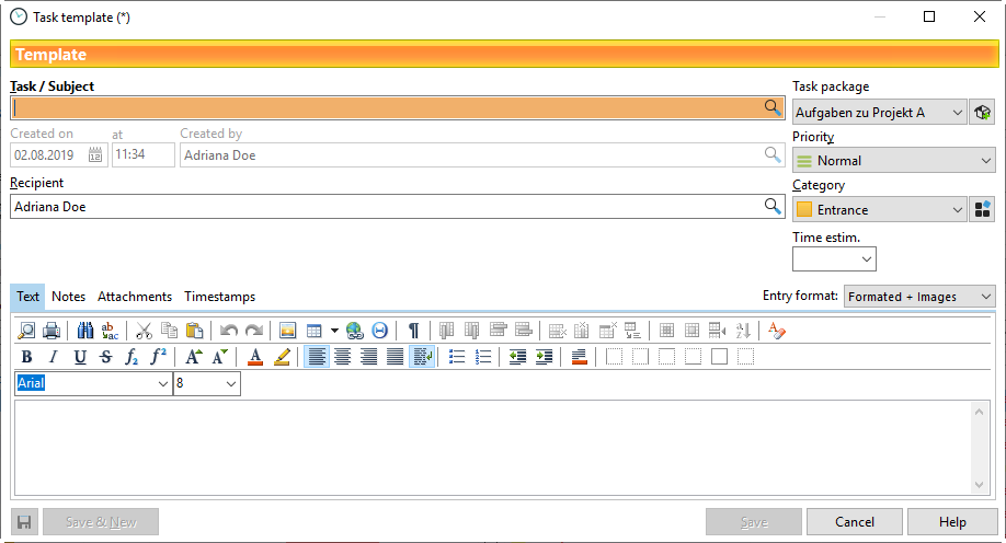 Aufgabenvorlage-Dialogfeld